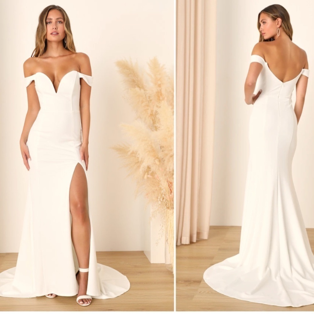 LULU's Bridal Wedding Chic Modern Sexy Off the Shoulder Minimalist Mermaid Gown